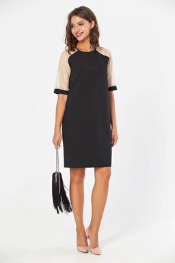 Платье короткое с кружевными рукавами черно-белое