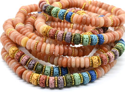 Браслет из кварца диски 6*2мм со вставками из лавы цв.сердолик, 15см