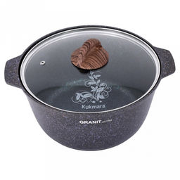 Кастрюля с антипригарным покрытием 5л, д28см "Granit Ultra", h12см, толщина дна 0,6см, стеклянная жаропрочная крышка, цельнолитая ручка из термостойкого пластика, голубой гранит, "Kukmara" (Россия) - можно использовать металлические кухонные принадле