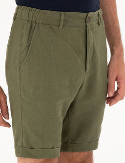 Льняные шорты стандартного кроя цвета хаки с эластичной резинкой на талии - Cacharel фото 5