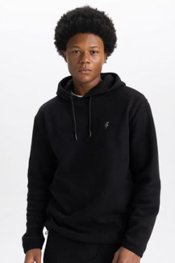 DeFactoFit Standart Fit Bask?l? Kapusonlu Polar Sweatshirt