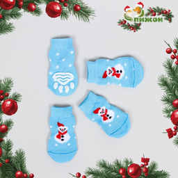 Носки нескользящие для животных Снеговики, L (3.5/5?8 см), набор 4 шт., голубые