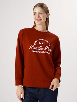 Bisiklet Yaka Bask?l? Oversize Kad?n Kal?n Sweatshirt