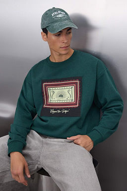 Ye_il Oversize/Geni_ Kesim Bisiklet Yaka Uzun Kol Etnik Aplikeli Sweatshirt TMNAW24SW00170