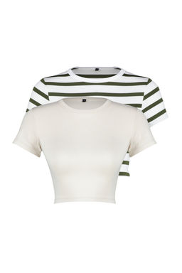 Premium Ac?k Tas-Haki Ekru Cizgili 2li Paket Viskoz Crop Esnek Orme Bluz TWOSS23BZ00194
