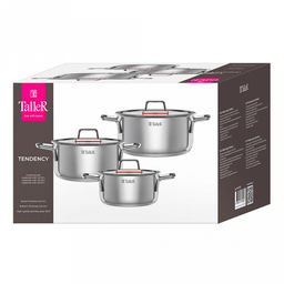 Набор кастрюль из нержавеющей стали Tendency 3 штуки: 2л - д18см, h8,8см, 2,8л - д20см, h9,8см, 5л, д24см, h11,8см, s0,6мм, дно s2,8мм, плоская стеклянная жаропрочная крышка, пароотвод, стальной обод, капсулированное дно, прутковые ручки из нержаве - Домашняя мода фото 5