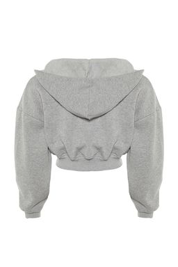 Gri Kal?n Ici Polarl? Kapusonlu V Yaka Rahat Kesim Crop Orme Sweatshirt TWOAW23SW00096