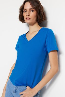 Turuncu-Saks %100 Pamuk 2li Paket Basic V Yaka Orme T-Shirt TWOSS23TS00002