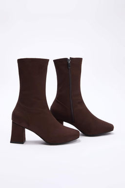 Kahverengi Strec Fermuarl? Kad?n 7 cm Blok Topuklu Bot TAKAW26BO00002