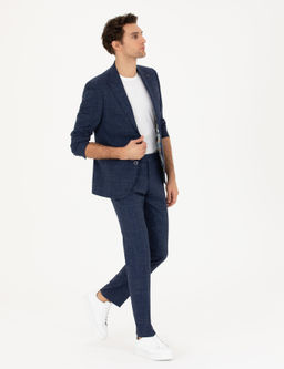 Lacivert Slim Fit Y_n Keten Kar___ml_ Tak_m Elbise