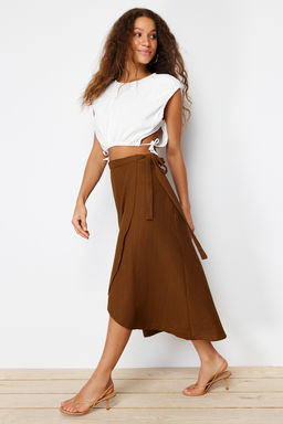 TRENDYOLMILLA Camel Kruvaze Kapama Baglama Detayl? Midi Dokuma Etek TWOSS24ET00052 фото 11