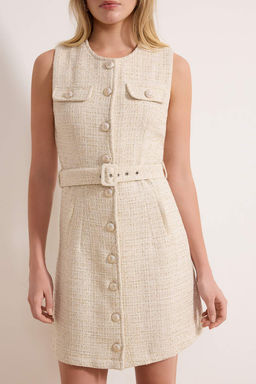 Ekru Dugmeli K?sa / Mini Dokuma Elbise TWOAW26EL00383
