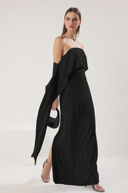 TRENDYOLMILLA Ac?k Mavi Carmen Yaka Dokuma Uzun S?k Abiye Elbise TPRSS25AE00115 фото 11