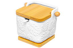 Банка д/сыпучих продуктов 300 мл 12*9*9,5 см Тропики с ложкой, откидной бамбуковой крышкой