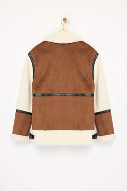 Kahverengi Regular Kal?p Pelus Detayl? Kemerli Biker Ceket Mont TWOAW25MO00049 - Trendyolmilla фото 11