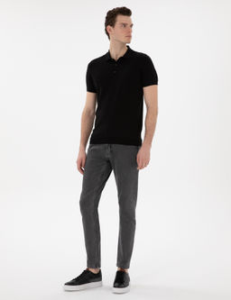 Siyah Slim Fit D__meli Polo Yaka Triko Ti__rt