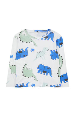 Beyaz Erkek Cocuk Dinozor Desenli Bisiklet Yaka Pamuklu Orme T-Shirt TKDAW25TS00013