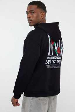 Siyah Oversize/Genis Kesim Cicek Nak?sl? Kapusonlu Ici Polar/S?cak Tutan Sweatshirt TMNAW25SW00042 - Trendyolmilla фото 2