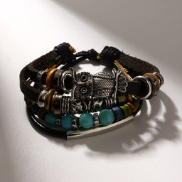 Браслет кожаный «Сова и ряд бусин», d=9 см, чёрный