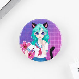 Цена за 10 шт. Значок закатной аниме Девушка с ушками, d=3.8 см