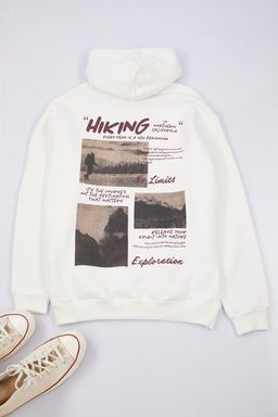 Ekru Oversize/Genis Kesim Kapusonlu S?rt Bask?l? Ici Polar/S?cak Tutan Sweatshirt TMNAW25SW00077 - Trendyolmilla фото 6