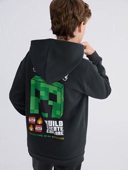 Kap??onlu Minecraft Bask?l? Erkek ?ocuk Fermuarl? Sweatshirt