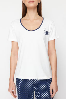 Trendyolmilla Beyaz-Cok Renkli Pamuklu Puantiyeli Orme Pijama Tak?m? THMSS24PT00323