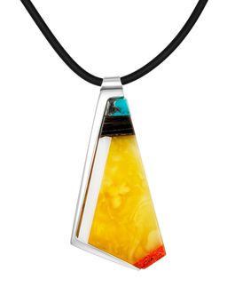 Подвеска Индонезия из натурального балтийского пейзажного янтаря, дерева, бирюзы и перламутра