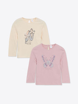 Bisiklet Yaka Uzun Kollu Bask?l? K?z ?ocuk Ti??rt 2li