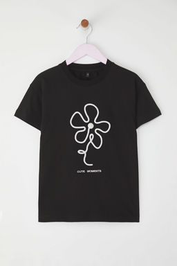 Siyah K?z Cocuk %100 Pamuk Cicek Nak?sl? K?sa Kol Orme T-Shirt TKDSS25TS00104