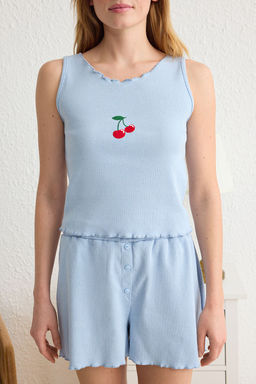 Trendyolmilla Beyaz Kiraz Nak?sl? Baby Overlok Detayl? Fitilli Sortlu Orme Pijama Tak?m? THMSS25PT00112  фото 9