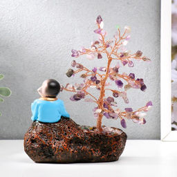 Бонсай декоративный 147 камней «Хотей с яблоком у дерева с аметистами», 18×13×6 см