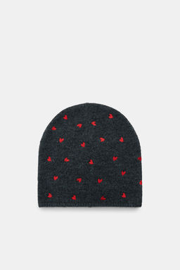 KNIT BEANIE WITH EMBROIDERED HEARTS