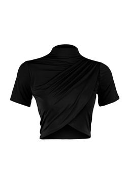 Siyah Dik Yaka K?sa Kollu Drapeli Crop Bluz Orme Bluz TWOSS24BZ00422