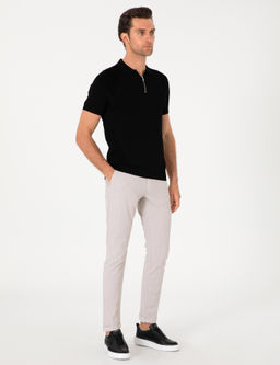 Siyah Slim Fit Fermuarl_ Polo Yaka Triko T-shirt