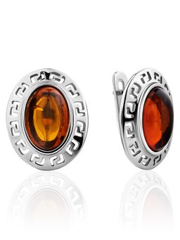Небольшие овальные серьги из серебра с янтарными вставками Эллада