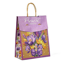 Пакет с клапаном Подарок, цветы, крафт, глиттер, 19.5?10?25 см