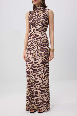 Kahverengi Leopar Desen Korse Detay Sandy Maxi Astars?z Party Elbise TPRSS26EL00223 - Trendyolmilla фото 3