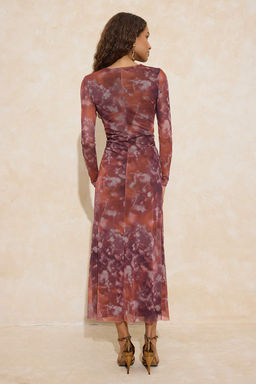 Cok Renkli Soyut Cicek Desenli Astarl? Tul Maxi Elbise TPRSS26EL00017