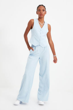 Ac?k Mavi Fitted Dugmeli Crop Dokuma Yelek TWOSS21YE0009