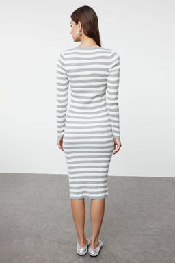Gri Midi Triko Basic Cizgili Elbise TWOAW23EL00018 - Trendyolmilla фото 5