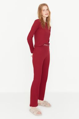 Bordo Slogan Lastik Detayl? Fitilli Orme Pijama Tak?m? THMAW21PT0269