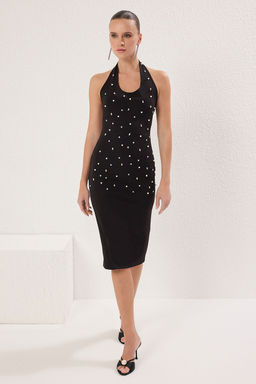 Siyah Vucuda Oturan Parlak Tasl? Orme Midi S?k Abiye Gece Mezuniyet Elbisesi TPRSS25EL00269