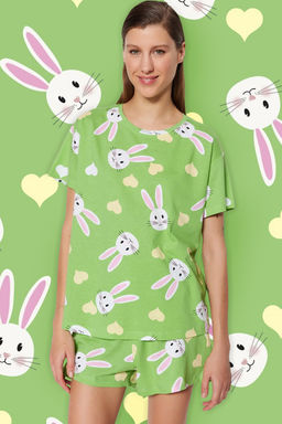 Trendyolmilla Ekru %100 Pamuklu Ay?c?kl? Sortlu Orme Pijama Tak?m? THMSS23PT00005