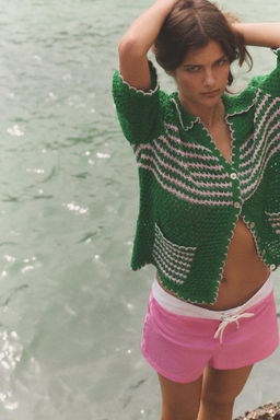 CHAQUETA PUNTO CALADO RAYAS MANGA CORTA / Verde