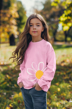 Pembe K?z Cocuk Mevsimlik-Ince Cicek Desenli Orme Sweatshirt TKDAW25SW00001