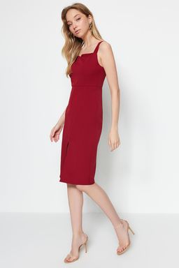 Bordo Vucudu Saran Y?rtmacl? Ask?l? Midi Kalem Etek Dokuma Elbise TWOSS19BB0216