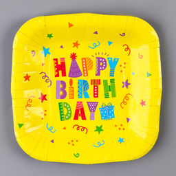 Цена за 10 шт. Тарелка бумажная квадратная Happy Birthday,желтая, 16,5х16,5 см