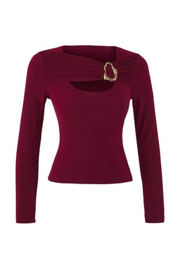 Bordo Aksesuar ve Cut Out Detayl? Vucuda Oturan Esnek Orme Bluz TWOAW26BZ00087 - Trendyolmilla фото 5