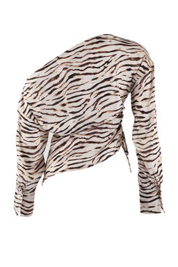 Bej-Cok Renkli Animal Desen Buzgu Detayl? Asimetrik Yaka Dokuma Bluz TWOAW26BZ00354